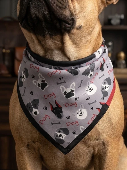 Modern Desenli Sevimli Köpek Irkları Figürlü, Kırmızı-Siyah Çerçeveli Şık Köpek Bandanası ürün görseli 1