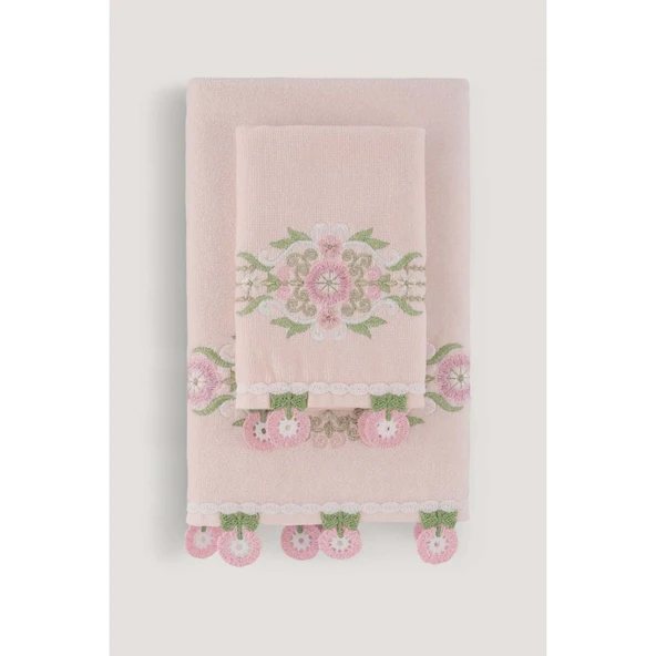 ALİZE KADİFE NAKIŞLI ÇEYİZ HAVLUSU PUDRA 30X50