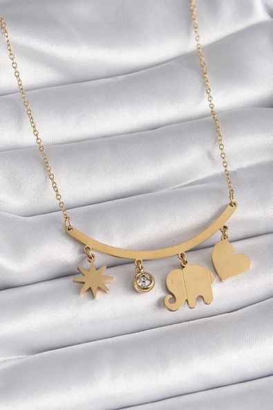 316L Çelik Gold Renk Fil Figür Zirkon Taş Detay Kadın Kolye ürün görseli 1
