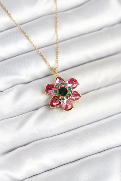 316L Çelik Zincirli Pembe Çiçek Model Kadın Kolye ürün görseli 1