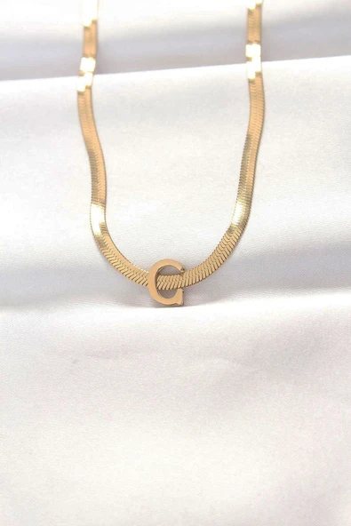 316L Çelik C Harfli Gold Renk İtalyan Zincirli Kolye ürün görseli 1