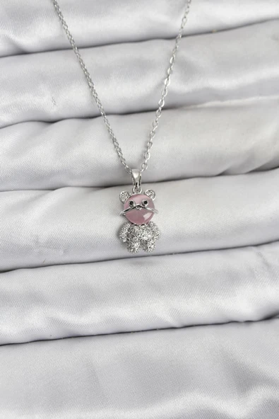 316L Çelik Zincir Gümüş Renk Teddy Bear Model Zirkon Taşlı Kadın Kolye ürün görseli 1