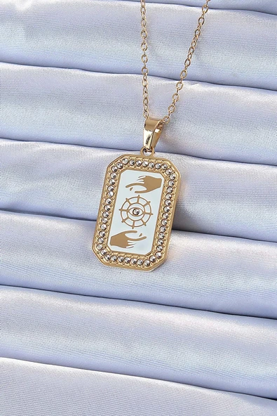 316L Çelik Zincir Altın Renk Mineli Zirkon Taşlı Göz Figür Tarot Kolye ürün görseli 1
