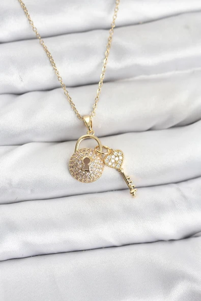 316L Çelik Zincir Gold Renk Kilit Anahtar Model Zirkon Taşlı Kadın Kolye ürün görseli 1