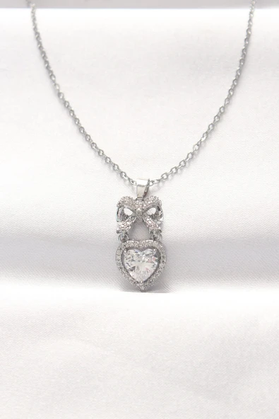 316L Çelik Silver Renk Zirkon Taşlı Kalpli Fiyonk Kolye ürün görseli 1