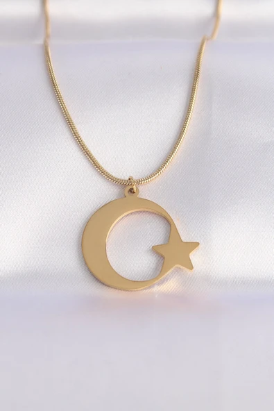 316L Çelik Zincir Gold Renk Ay Yıldız Unisex Kolye ürün görseli 1
