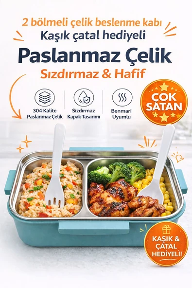 Turkuaz Benmarili Paslanmaz Çelik Yemek Kabı 2 Bölmeli Beslenme Kabı Saklama Kabı ürün görseli 1