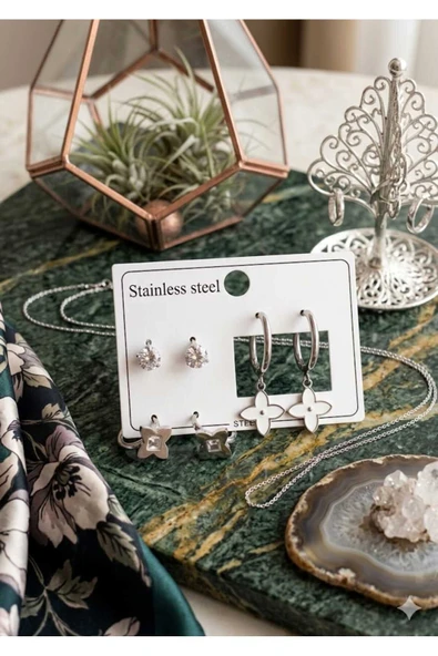 Bella Kadın 3lü çiçek model paslanmaz çelik küpe - Resim 2
