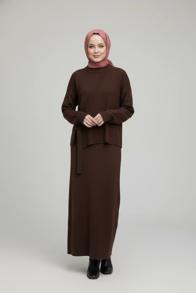 Kadın Kahverengi Modest Triko Tunik Elbise Takım ürün görseli 1