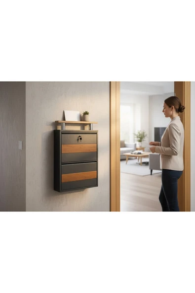 Moemi Metal Ayakkabılık 2'Li ANTRASİT - (AHŞAP CEVİZ DESENLİ VE ÜST AHŞAP TABLALI ) ürün görseli 1