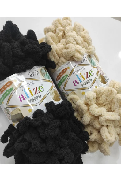 Alize ALİZE PUFFY 1060 SİYAH-310 BEJ  EL ÖRGÜ İPLİĞİ ürün görseli 1
