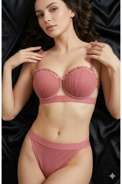 Bella İstiridye Model Destekli Dolgulu Tül Detay Sütyen Takımı ürün görseli 1