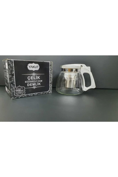 YAKUT 900 ml Çelik Süzgeçli Cam Demlik,bitki Demliği Beyaz ürün görseli 1