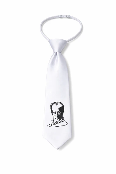 Çocuk Beyaz Atatürk İmzalı Lastikli Kravat Ayarlanabilir Unisex ürün görseli 1