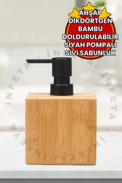 İnfeta Doğal Bambu Sabunluk Ahşap Siyah Plastik Pompalı Dikdörtgen Model Doldurulabilir Sıvı Sabunluk ürün görseli 1