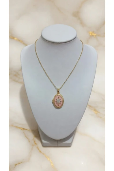 Bella çelik zincirli açılabilir oval madalyon kolye pembe markiz taşlı fotoğraflık ürün görseli 1