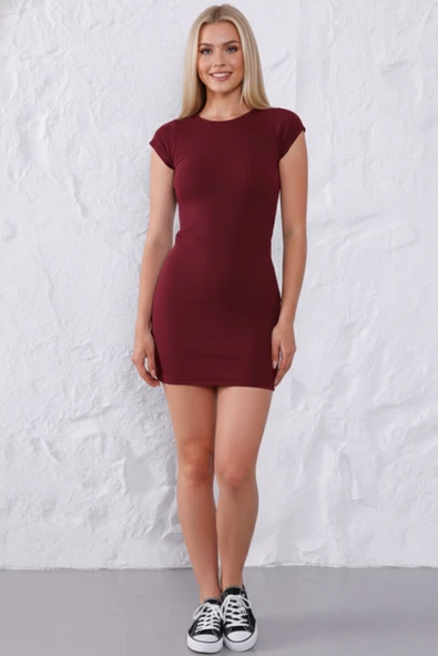 Kadın Bordo Bisiklet Yaka %95 Pamuklu Fitilli Likralı Kaşkorse Slim Fit Basic Mini Elbise ürün görseli 1