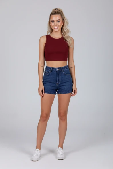 Kadın Bordo Kalın Askılı U Yaka Pamuklu Fitilli Likralı Kaşkorse Crop Atlet Bluz ürün görseli 1