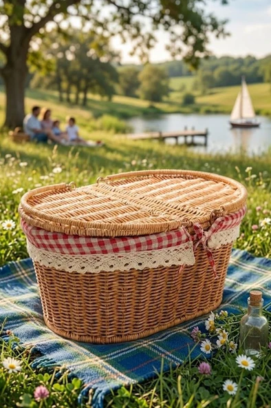 Atbyhome Hasır Piknik Sepeti Kapaklı Ve Bezli Rattan Sepet Organizer 40x29x18 ürün görseli 1
