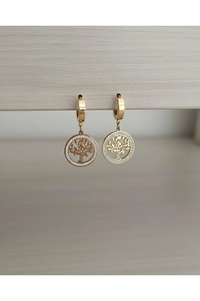 Bella Kadın ağaç model taşlı paslanmaz çelik küpe ürün görseli 1