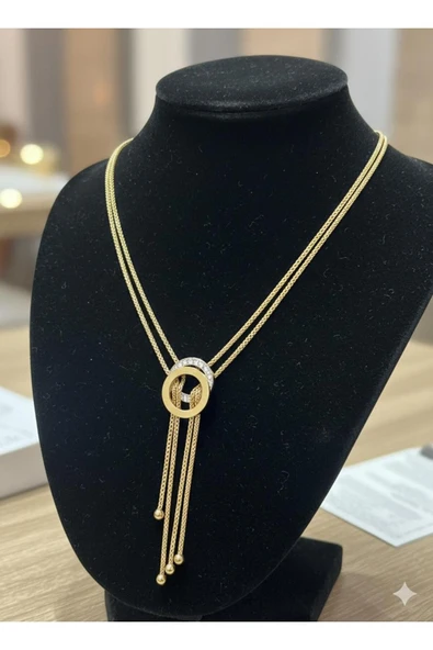 Bella Kadın minimalist halkalı sallantılı çift zincirli lariat paslanmaz çelik kolye ürün görseli 1