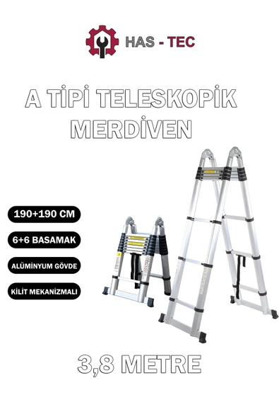 3,8 Metre 6+6 Basamaklı A Tipi Uzayan Alüminyum Teleskopik Merdiven ürün görseli 1