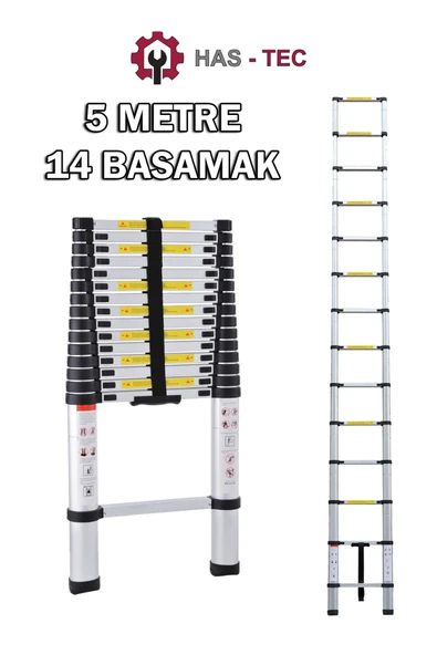 5 Metre 14 Basamaklı Düz Uzayan Alüminyum Teleskopik Merdiven ürün görseli 1