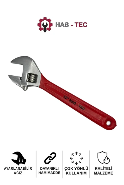 HAS-TEC 12 İnç Ayarlanabilir İngiliz Anahtarı | Krom Kaplama Çelik, Kırmızı Plastik Kaplama Sap ürün görseli 1