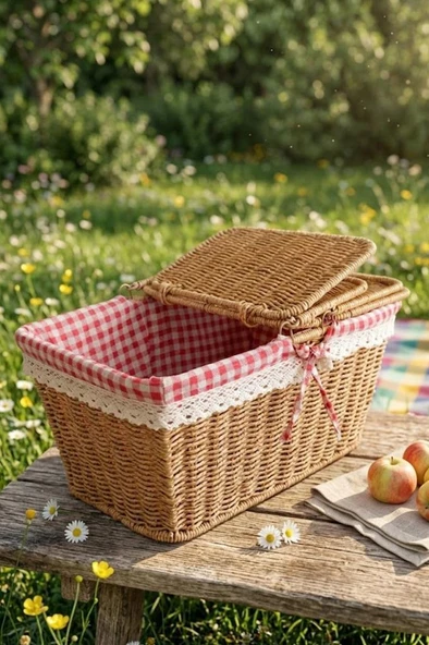 Atbyhome Hasır Piknik Sepeti Dikdörtgen Kapaklı Ve Bezli Rattan Sepet Organizer 39x27x18 ürün görseli 1