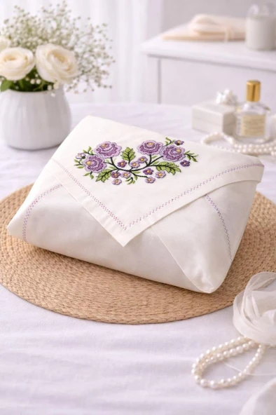 Kanaviçe İşlemeli Gardenya 90x90 cm Tek Bohça Lila ürün görseli 1