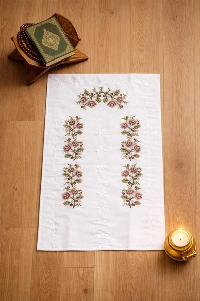 Kanaviçe İşlemeli Gardenya 70x135 cm Seccade Kahverengi ürün görseli 1