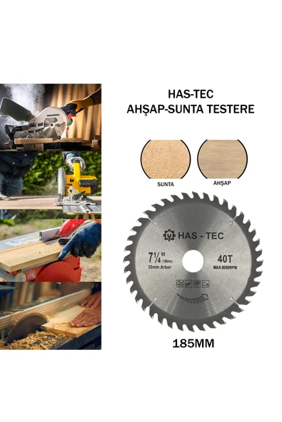 HAS-TEC 185 mm Ahşap & Sunta Kesici Testere – T.C.T Saw Blade | Ø185x1.3x30 mm 40T ürün görseli 1