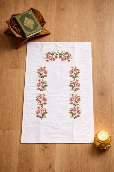Kanaviçe İşlemeli Gardenya 70x135 cm Seccade Pembe ürün görseli 1