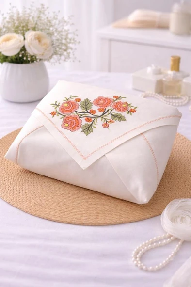 Kanaviçe İşlemeli Gardenya 90x90 cm Tek Bohça Turuncu ürün görseli 1