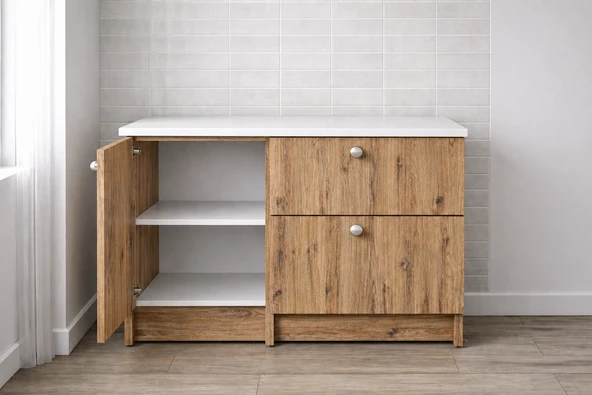 Tdesigno Saka Alt Modül-Çok Amaçlı Dolap -100 cm -1 Kapaklı-2 Çekmeceli-Laminat Beyaz Tezgah Dahil ürün görseli 1