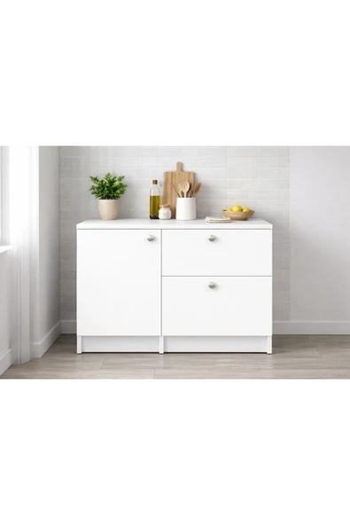 Tdesigno Saka Alt Modül-Çok Amaçlı Dolap -100 cm -1 Kapaklı-2 Çekmeceli-Laminat Beyaz Tezgah Dahil ürün görseli 1