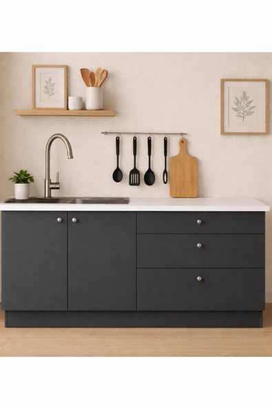 Tdesigno Barkın Alt Modül-Çok Amaçlı Dolap -160 cm -2 Kapaklı-3 Çekmeceli-Laminat Beyaz Tezgah Dahil ürün görseli 1