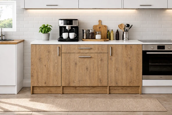 Tdesigno Kali Alt Modül-Çok Amaçlı Dolap -140 cm -3 Kapaklı-1 Çekmeceli-Laminat Beyaz Tezgah Dahil ürün görseli 1