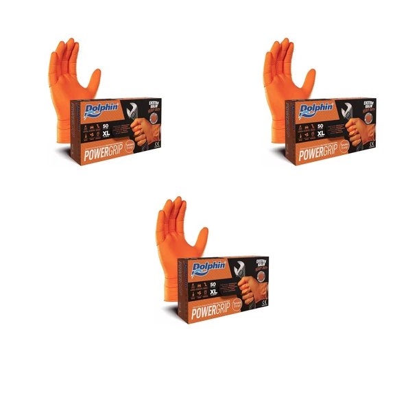 Dolphin Nitril PowerGrip Ekstra Kalın Elmas Dokulu Eldiven Turuncu XL Büyük Boy - 50'li 3 Paket ürün görseli 1