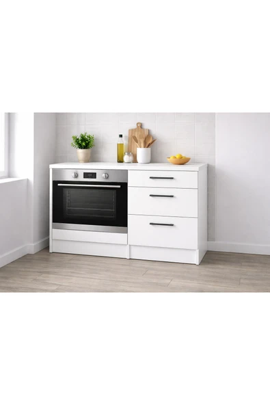 Tdesigno Aka Ankastre Fırın Modülü-Çok Amaçlı Dolap -110 cm -3 Çekmeceli-Laminat Beyaz Tezgah Dahil ürün görseli 1