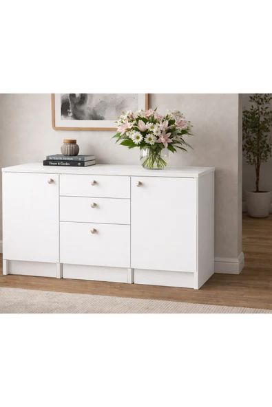 Tdesigno Kora Alt Modül-Çok Amaçlı Dolap -150 cm -2 Kapaklı-3 Çekmeceli-Laminat Beyaz Tezgah Dahil ürün görseli 1
