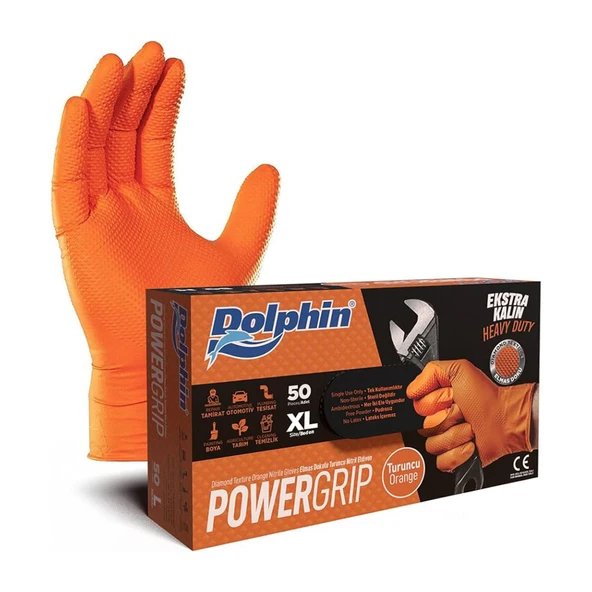 Dolphin Nitril PowerGrip Ekstra Kalın Elmas Dokulu Eldiven Turuncu XL Büyük Boy - 50'li Paket ürün görseli 1