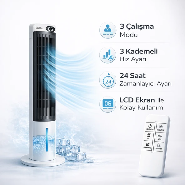 Sessiz Kule Tipi Hava Soğutucu 70 WATT Vantilatör 3L Su Tanklı Zamanlayıcılı Uzaktan Kumandalı ürün görseli 1