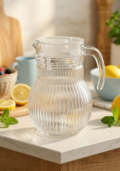 Roma Çizgili Cam Sürahi - Plastik Kapaklı, 1.5 Litre ürün görseli 1
