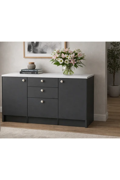Tdesigno Kora Alt Modül-Çok Amaçlı Dolap -150 cm -2 Kapaklı-3 Çekmeceli-Laminat Beyaz Tezgah Dahil ürün görseli 1