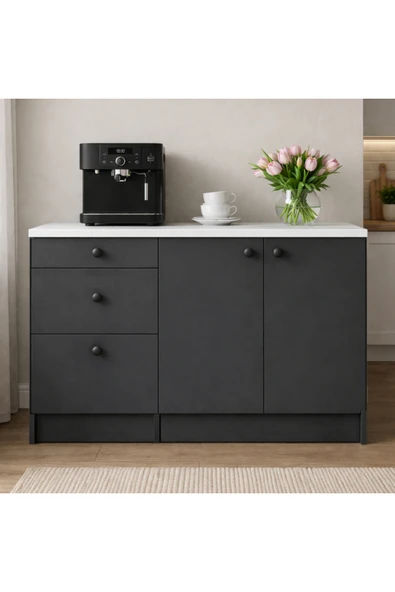 Tdesigno Roya Alt Modül-Çok Amaçlı Dolap -130 cm -2 Kapaklı-3 Çekmeceli-Laminat Beyaz Tezgah Dahil ürün görseli 1