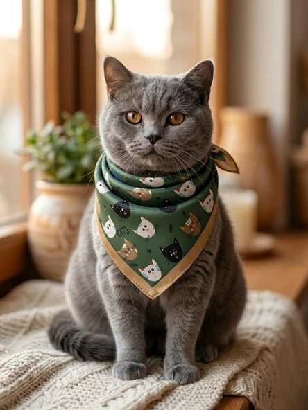 Sevimli Kedi Figürlü, Çok Renkli Desenli ve Bej Çerçeveli Şık Kedi Bandanası ürün görseli 1