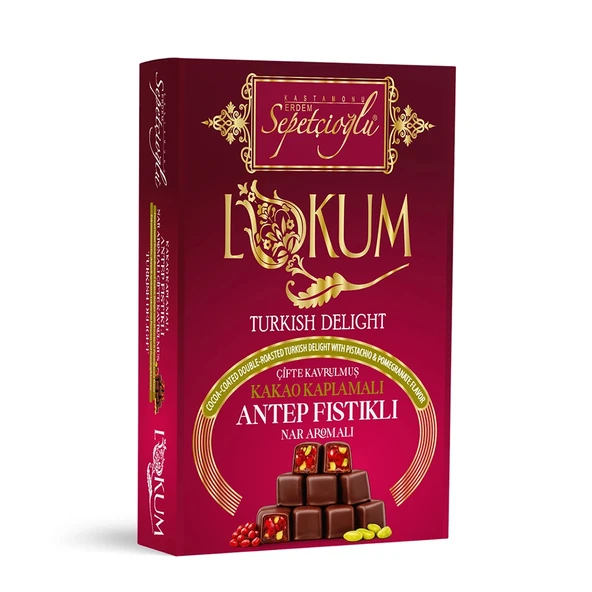 Kakao Kaplamalı Antep Fıstıklı Nar Aromalı Çifte Kavrulmuş Lokum 200G ürün görseli 1