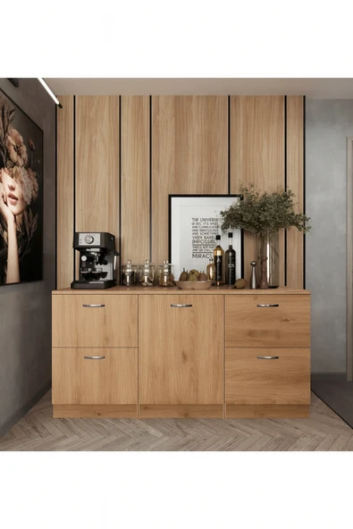 Tdesigno Badem Mutfak 1 Kapaklı - 4 Çekmeceli Alt Modül - 150 cm - Çok Amaçlı Dolap - Tezgah Dahil ürün görseli 1