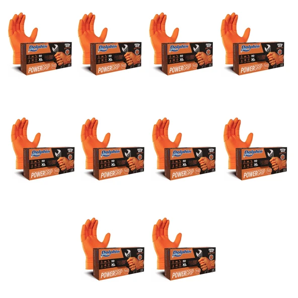 Dolphin Nitril PowerGrip Ekstra Kalın Elmas Dokulu Eldiven Turuncu XL Büyük Boy - 50'li 10 Paket ürün görseli 1